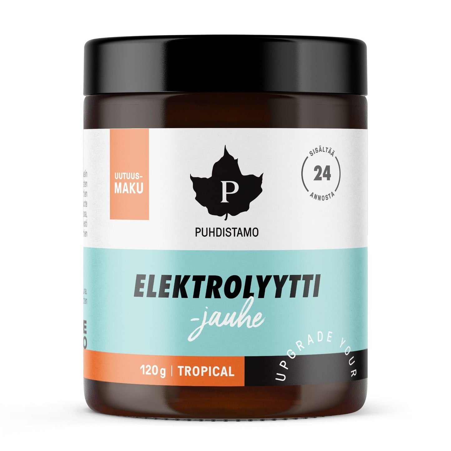 Puhdistamo Elektrolyyttijauhe Tropical, purkki trooppisen makuiselle elektrolyyttijauheelle eloisalla valkoisella, oranssilla ja turkoosilla etiketillä, joka esittää tuotetietoja suomeksi ja korostaa virkistäviä elektrolyyttejä; purkki sylinterimäistä muovia kiiltäväpintainen kierrekannella; etiketissä lihavoitua groteskifonttia; tausta valkoinen, ei ihmisiä eikä muita esineitä kuvassa.