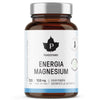 A brown glass bottle labeled Puhdistamo Energia Magnesium, containing 120 capsules with 108 mg of magnesium each, features a metallic silver screw cap. The bottle has a cylindrical shape with a matte label that includes clear Finnish text and numerals in modern sans-serif font. No people or hands are present. The background is plain and evenly lit in a studio-style shot.