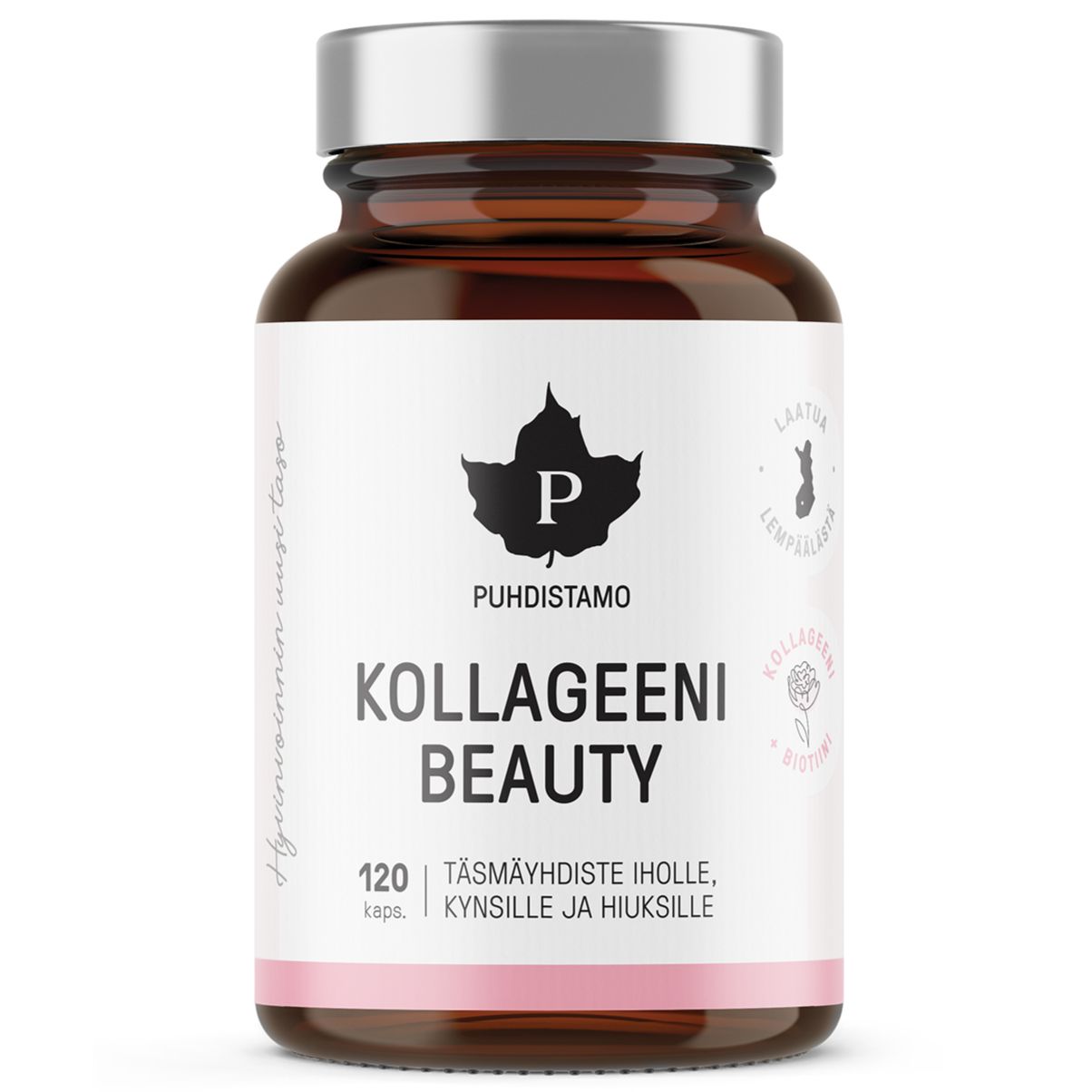 Puhdistamo Kollageeni Beauty -pullo, valkoinen mattapintainen kierrekorkki pystyssä; etusivun etiketissä lukee "Puhdistamo Kollageeni Beauty" ja merkitty 120 kapselia; typografia minimalistista, yksinkertainen lehtitunnus ja pyöreä laatusinetti; luettavassa tekstissä maininta kollageenista ja biotiinista iholle, kynsille ja hiuksille; tuote kuvattu valkoista taustaa vasten, ei ihmisiä näkyvissä.