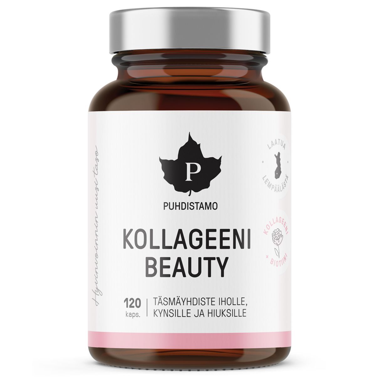 Puhdistamo Kollageeni Beauty -pullo, valkoinen mattapintainen kierrekorkki pystyssä; etusivun etiketissä lukee "Puhdistamo Kollageeni Beauty" ja merkitty 120 kapselia; typografia minimalistista, yksinkertainen lehtitunnus ja pyöreä laatusinetti; luettavassa tekstissä maininta kollageenista ja biotiinista iholle, kynsille ja hiuksille; tuote kuvattu valkoista taustaa vasten, ei ihmisiä näkyvissä.