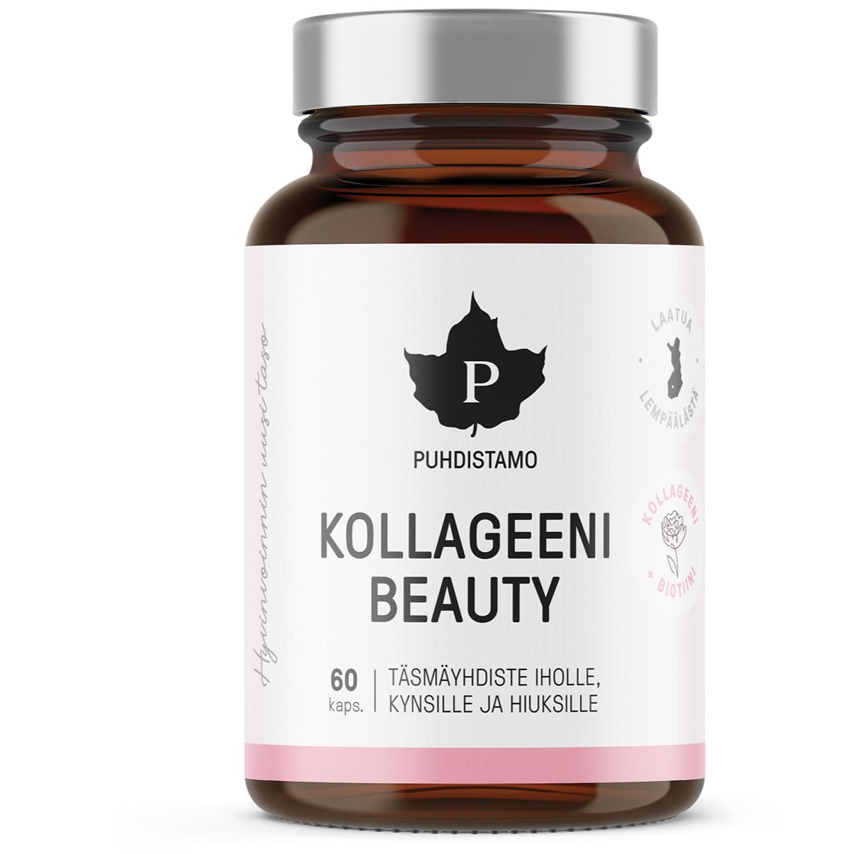 Puhdistamo Kollageeni Beauty -pullo, ruskea pullo mustalla lehtilogolla, sisältää 60 kollageenikapselia iholle, kynsille ja hiuksille; pullo sylinterimäinen mattapinnalla ja mustalla korkilla; valkoisessa etiketissä vaaleanpunaisia korostuksia ja suomenkielistä tekstiä selkeällä tekstausvapaalla fontilla; tuote yksin valkoista taustaa vasten studiokuvassa.