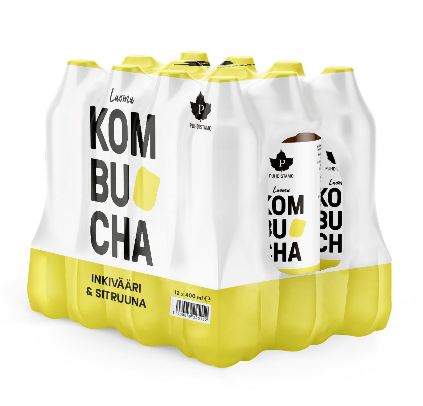 A 12-pack of Puhdistamo Luomu Kombucha in ginger and lemon flavor, featuring organic ingredients. The bottles have cylindrical shapes with clear glass and white labels showing large, bold black text and graphic yellow accents. They are contained in transparent shrink-wrap plastic. The bright yellow pack base is visible beneath the bottles. No people or hands are present; plain background.