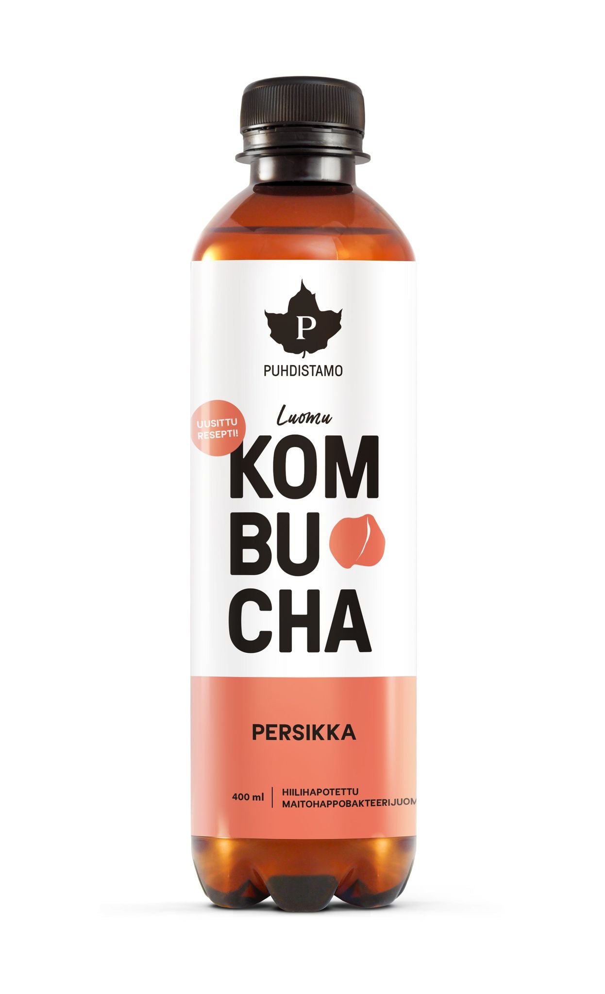 A 400 ml bottle of Puhdistamo organic kombucha, peach flavor, with a clear cylindrical body showing an amber-colored drink and a white matte label. The label features black and peach text in clean sans-serif fonts. No people or hands are present. The photo background is plain white with even lighting. This refreshing beverage highlights Puhdistamo’s dedication to quality organic ingredients.
