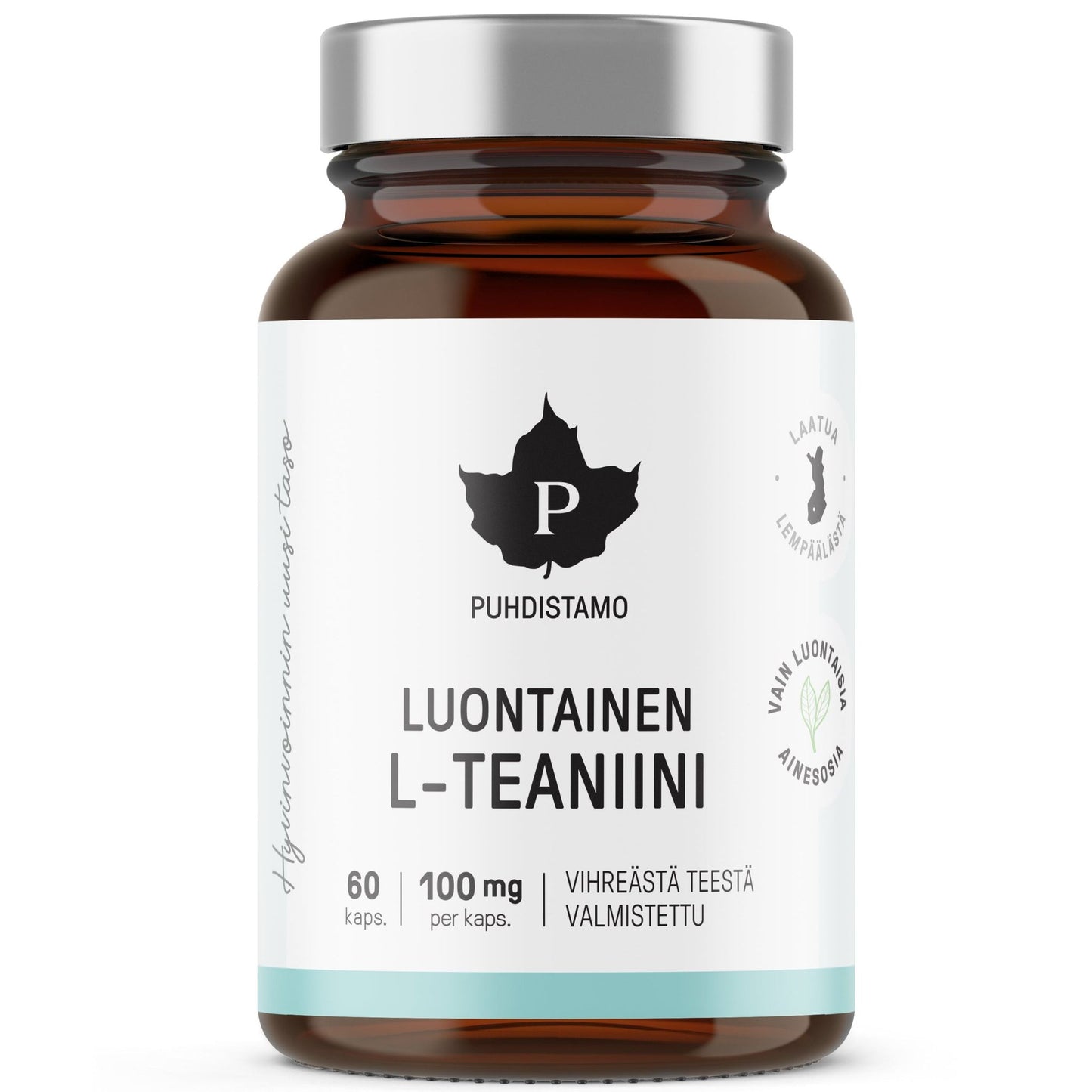 A brown bottle labeled Puhdistamo Luontainen L-Teaniini with 60 capsules, each containing 100 mg, and text in Finnish. The plastic container has a matte finish and a black screw cap. The white label shows bold, sans-serif black lettering, a stylized leaf logo above the product name, and two green quality/vegan icons. The photo is shot against a plain light background; no other objects or hands are visible.