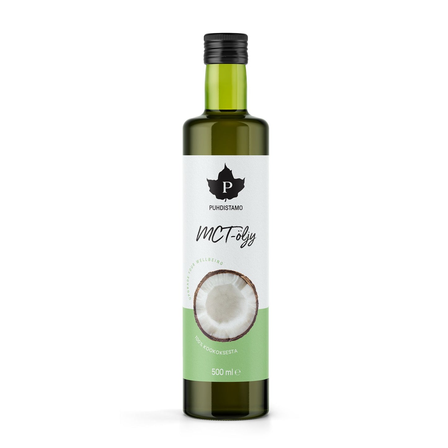 Puhdistamo MCT-öljy -pullo, 500 ml, vihertävä lasi, musta kierrekorkki, kookoskuva etiketissä; sylinterinmuotoinen, kiiltäväpinta, musta-valkoinen lihavoitu groteskiteksti