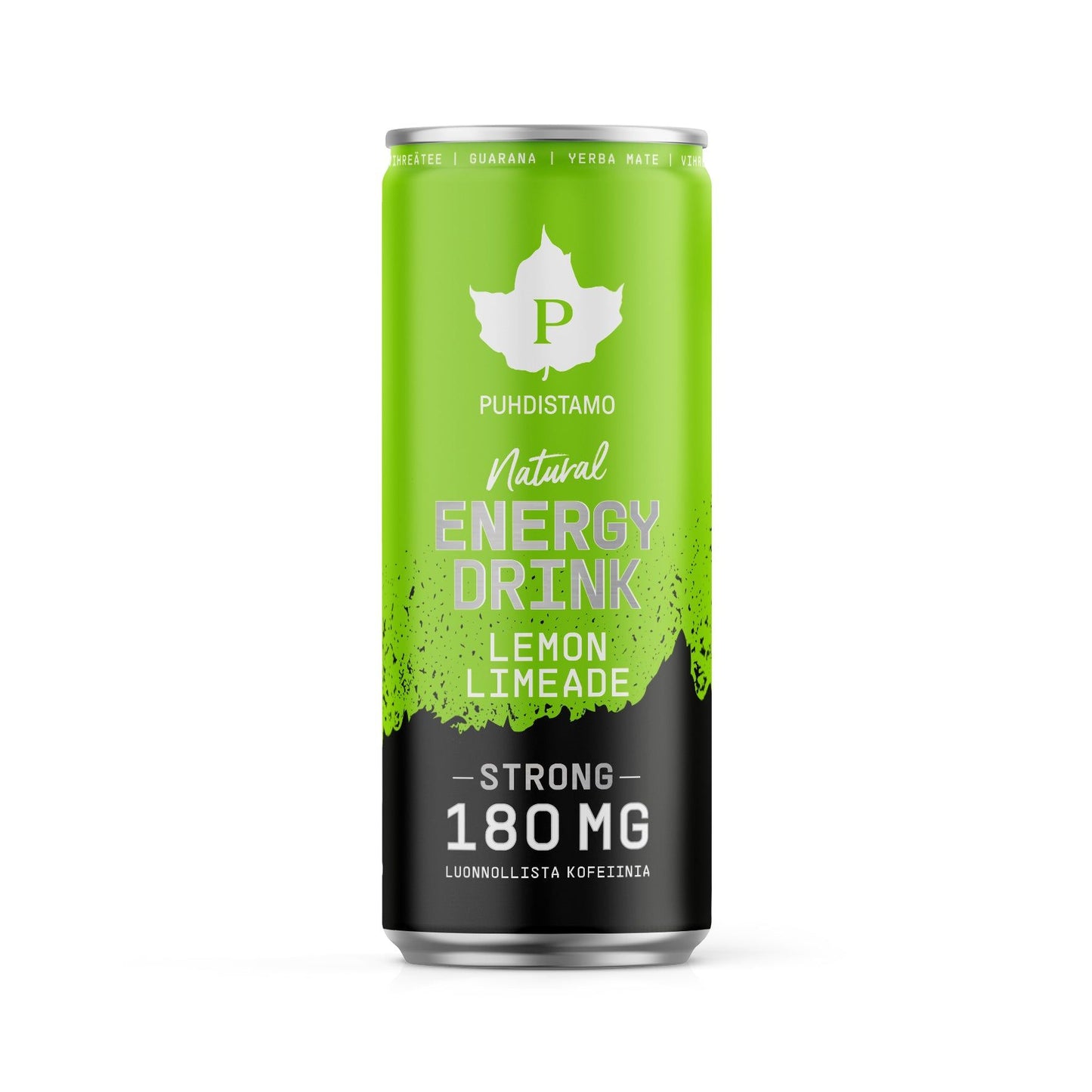 A green and black can of Puhdistamo Natural Energy Drink, Lemon Limeade flavor, with 180 mg of caffeine, guarana, and yerba mate. The can has a matte surface finish and a standard cylindrical shape. The front shows graphic leaf illustrations with bold sans-serif product text in white. No people or hands are present. The background is plain white.