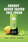 A can of Puhdistamo Lemon Limeade Energy Drink stands between a lemon and a lime wedge on a yellow background. The can is tall, cylindrical, metallic with a matte finish and features visible product branding in bold typography. Text above reads, Energy never tasted this fresh. Enjoy a refreshing boost enhanced by the vibrant flavors of lemon and lime, with key benefits highlighted below.
