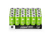 A tray holds 24 green cans of PUORGTAND Natural Energy Drink in lemon-lime flavor, displayed in four rows of six. Cans are cylindrical with a matte finish and have white uppercase text on the front. The cardboard tray is open-topped, showing “Natural Energy Drink” in bold letters across the front. Product sits against a plain, light background. No people or hands present.