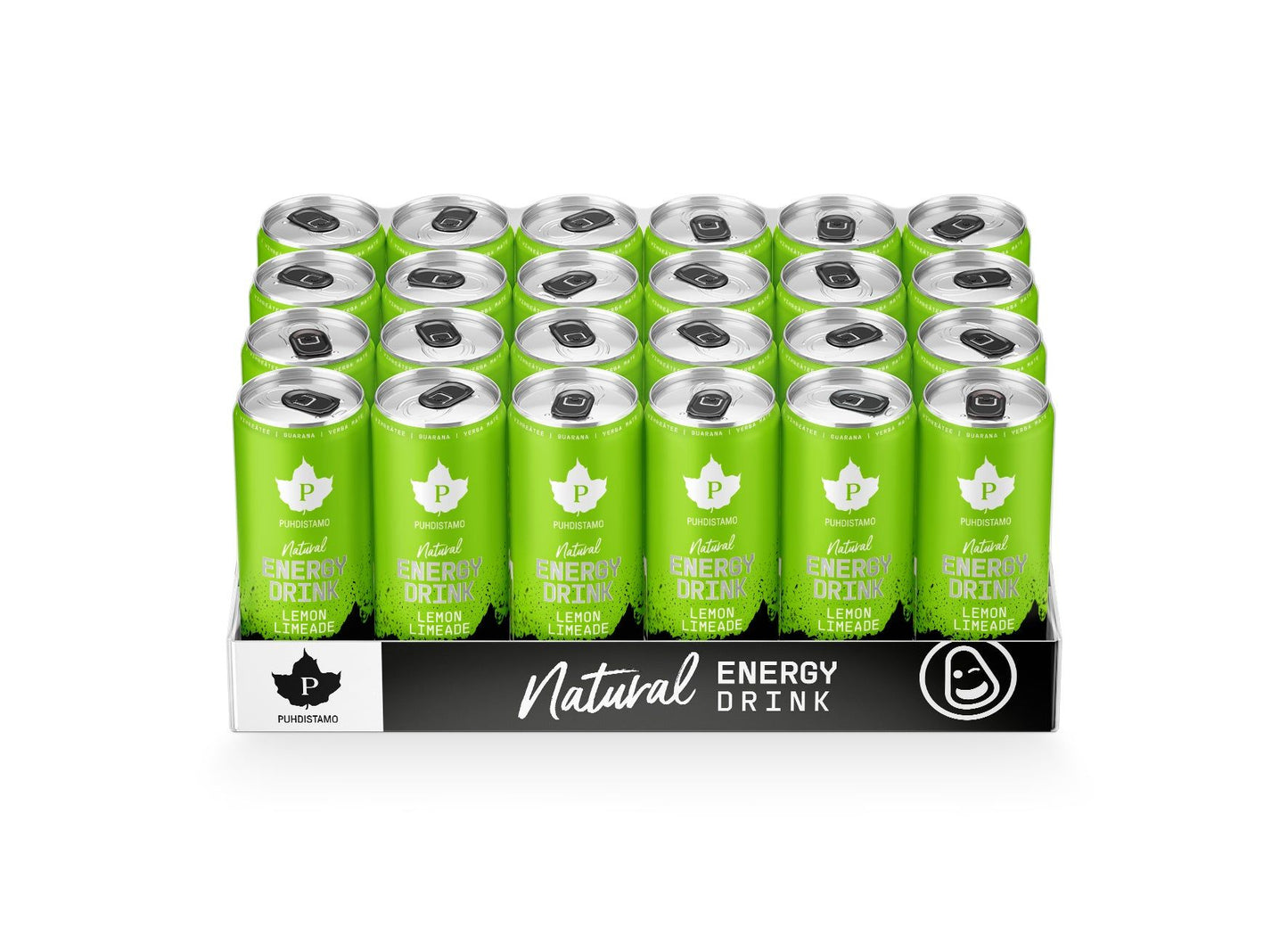 A tray holds 24 green cans of PUORGTAND Natural Energy Drink in lemon-lime flavor, displayed in four rows of six. Cans are cylindrical with a matte finish and have white uppercase text on the front. The cardboard tray is open-topped, showing “Natural Energy Drink” in bold letters across the front. Product sits against a plain, light background. No people or hands present.