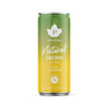 A green and yellow can labeled Puhdistamo Natural Energy Drink Pear Lemonade, featuring a leaf logo and highlighting 0g sugar. The cylindrical aluminum can has a matte finish and is upright on a plain white background. Label uses bold sans-serif typography. No people or objects present in the image. This is a straightforward product photo.