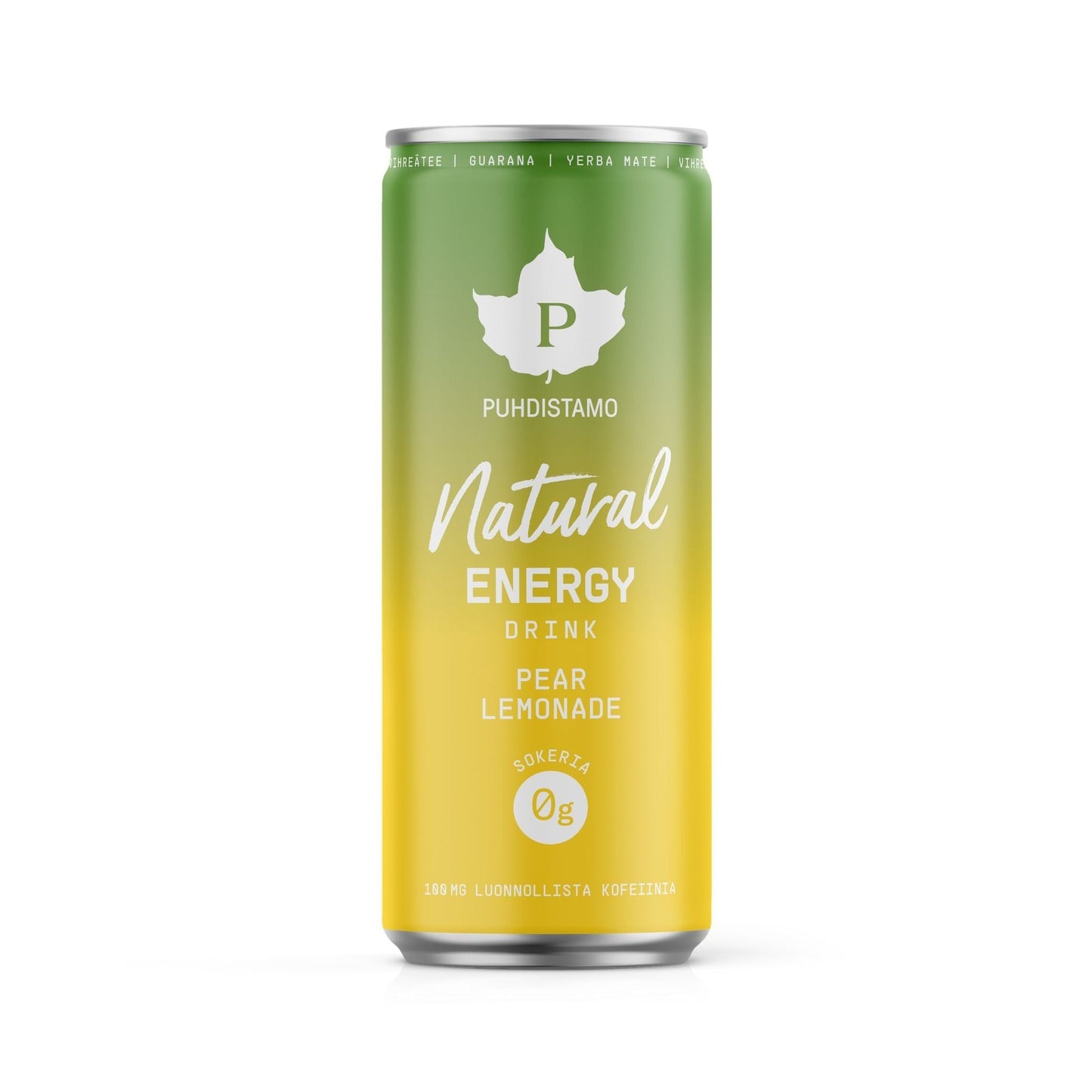 Puhdistamo Natural Energy Drink Pear Lemonade -energiajuoma, vihreä-keltainen 330 ml tölkki