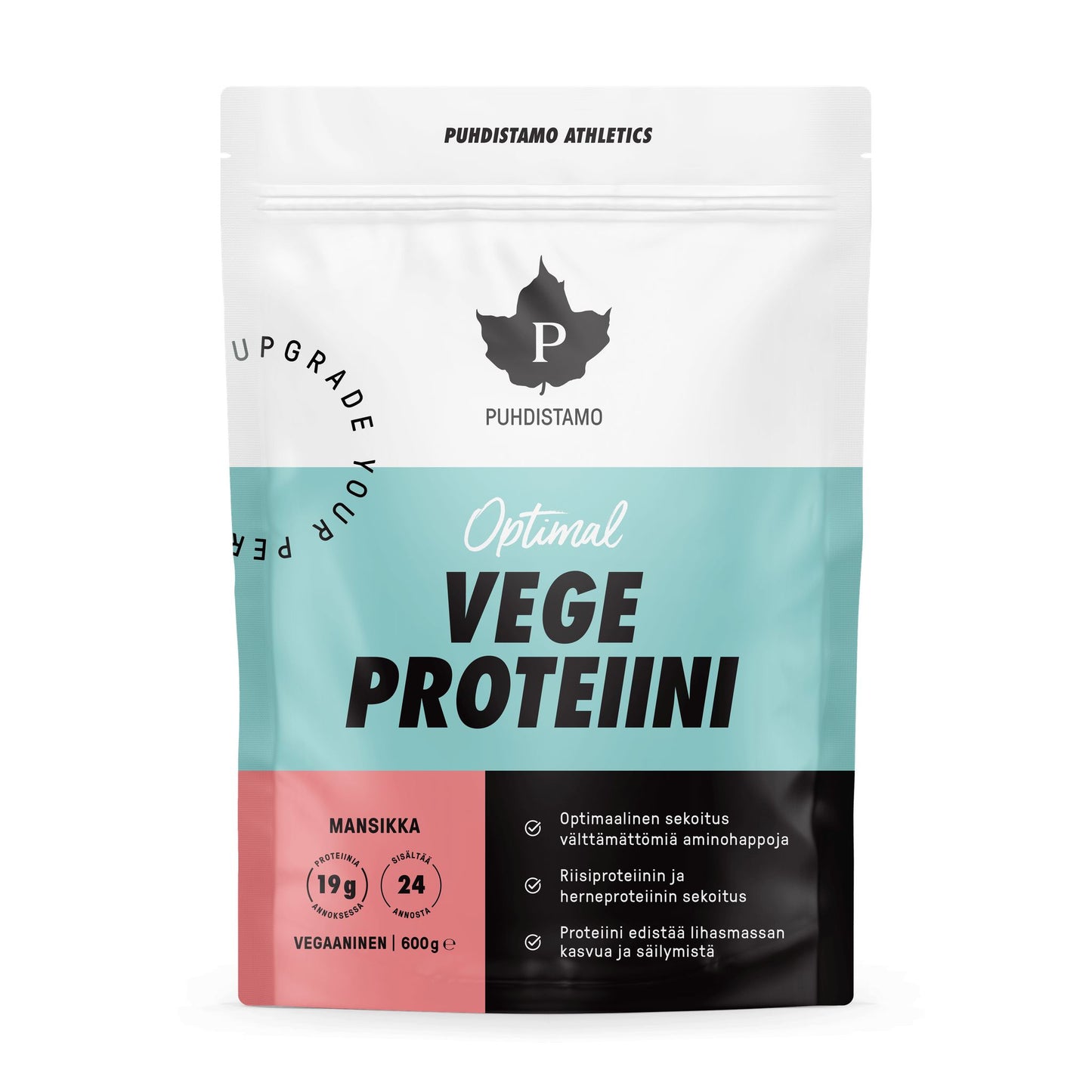 Puhdistamo Optimal Luomu Vege Proteiini Mansikka; pussi Puhdistamo Optimal Vege Proteiini -jauhetta sinisen, valkoisen ja mustan sävyisenä punaisin tehostein; pakkaus suorakulmainen mattapintainen selkeällä lihavoidulla groteskitekstillä tuotenimelle; luettavassa etiketissä vegaaninen mansikanmaku, riisi- ja hernenproteiiniseos, pakkauskoko 600 g; ei ihmisiä tai taustaelementtejä kuvassa.