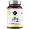 A brown bottle labeled Puhdistamo Super D-Vitamiini with 240 capsules, each containing 100 µg of vitamin D. Text highlights benefits for muscles, bones, and the immune system. The label features quality and leaf logos. Bottle is cylindrical with a matte finish and a black screw cap. Label uses bold sans-serif typography on a white background. No people or hands are visible in the image.