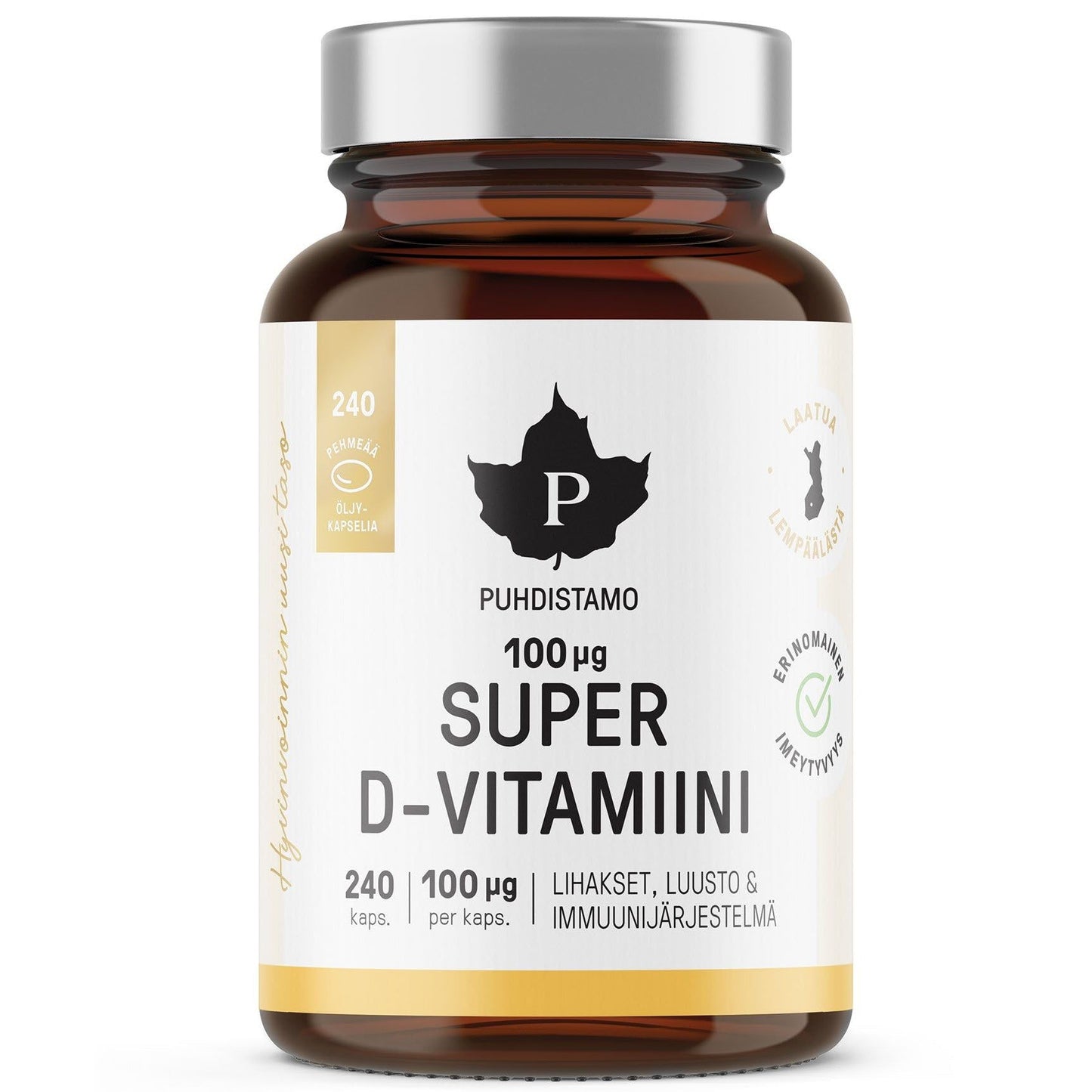 A brown bottle labeled Puhdistamo Super D-Vitamiini with 240 capsules, each containing 100 µg of vitamin D. Text highlights benefits for muscles, bones, and the immune system. The label features quality and leaf logos. Bottle is cylindrical with a matte finish and a black screw cap. Label uses bold sans-serif typography on a white background. No people or hands are visible in the image.