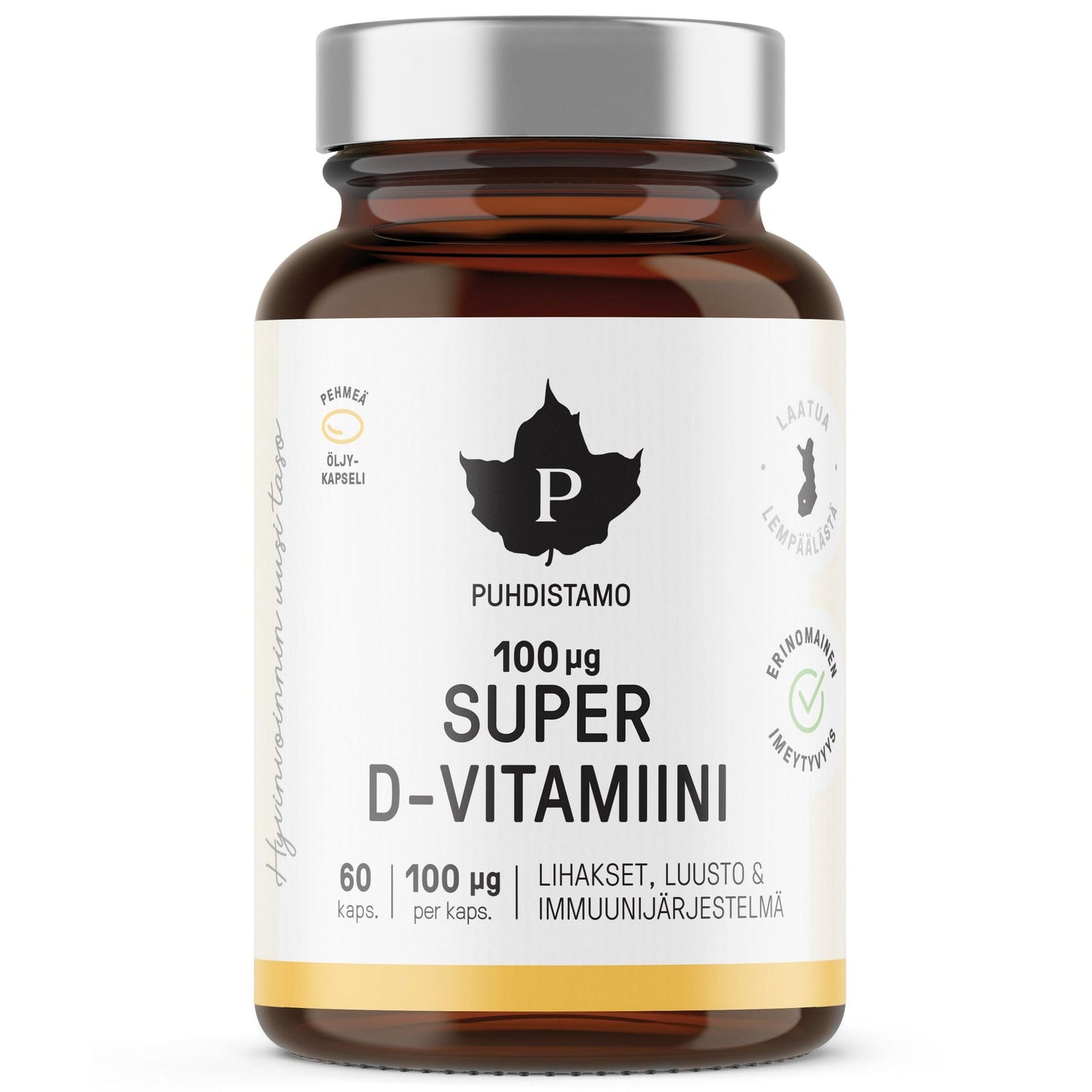 A brown bottle labeled Puhdistamo Super D-Vitamiini contains 60 capsules, each providing 100 µg of vitamin D. The round bottle has a shiny silver plastic cap and a matte white label with mostly black text in clean, sans-serif fonts; some Finnish words are visible. The product stands alone against a plain, light-colored background in a straightforward product shot.