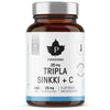 Puhdistamo Tripla Sinkki 25 mg -lasipullo, jossa lukee "Puhdistamo Tripla Sinkki + C 25 mg" ja 240 kapselia, edistäen tehostettua immuunipuolustusta; valkoisessa etiketissä mattapinta, siniset korostuslohkot, tyylitelty musta lehtilogo ja yksinkertaista tekstausvapaata tekstiä; pullo sylinterimäinen valkoisella muovikorkilla; kuvattu valkoista taustaa vasten, ei ihmisiä tai muita esineitä näkyvissä.