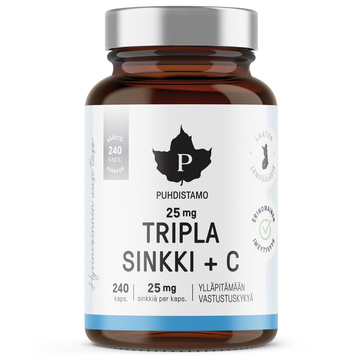 Puhdistamo Tripla Sinkki 25 mg -lasipullo, jossa lukee "Puhdistamo Tripla Sinkki + C 25 mg" ja 240 kapselia, edistäen tehostettua immuunipuolustusta; valkoisessa etiketissä mattapinta, siniset korostuslohkot, tyylitelty musta lehtilogo ja yksinkertaista tekstausvapaata tekstiä; pullo sylinterimäinen valkoisella muovikorkilla; kuvattu valkoista taustaa vasten, ei ihmisiä tai muita esineitä näkyvissä.