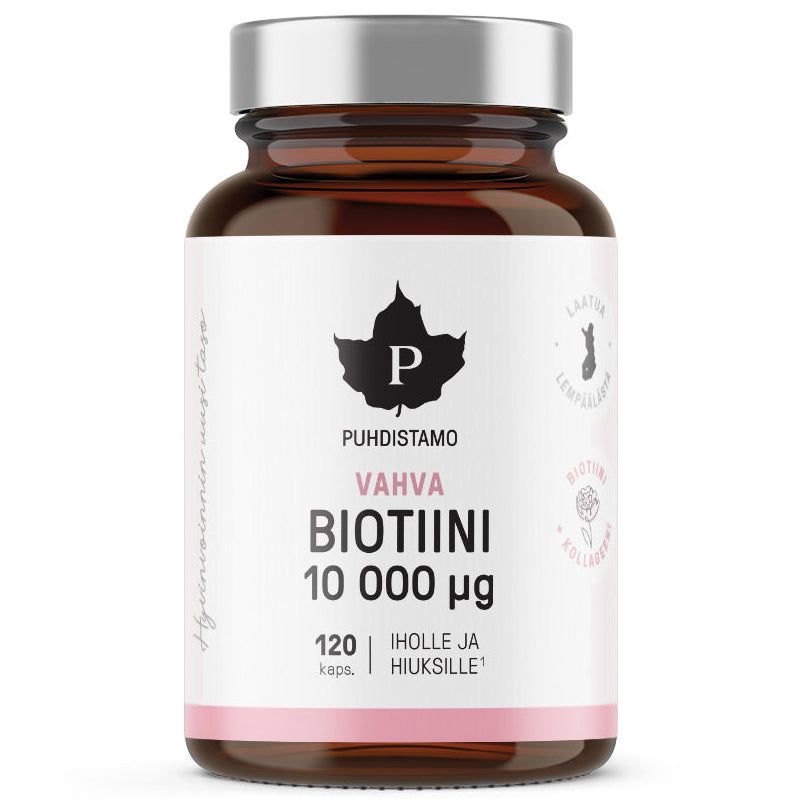 Puhdistamo Vahva Biotiini; ruskea muovipullo valkoisella kierrekannella; mattaetiketissä teksti Puhdistamo Vahva Biotiini 10 000 µg, sisältää 120 kapselia, suunniteltu ihon ja hiusten terveyden tueksi; etiketissä tyylitelty lehtilogo vaaleanpunaisin aksentein keskellä; suurin osa tekstistä groteskityypografiaa; neutraali tausta, ei ihmisiä tai käsiä, tuote pystyssä keskitettynä kuvaan.