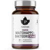 A brown glass bottle with a black matte cap is shown. The white and purple label displays bold sans serif text, “Puhdistamo Vahva Maitohappobakteeri 30 mrd,” and has a maple leaf logo. Surface of the bottle is glossy. No people or hands are present. Plain white background, product centered in frame. A brown glass bottle labeled Puhdistamo Vahva Maitohappobakteeri 30 mrd contains 30 capsules with 15 strains of lactic acid bacteria. Featuring a white and purple label, black cap, maple leaf logo, this