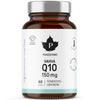 Puhdistamo Vahva Q10 Ubikinoni 150 mg; ruskea lasipullo tekstillä "Puhdistamo Vahva Q10 150 mg, 60 kaps." vaalean sinisin ja valkoisin väripintoin, mustaa tekstiä ja hopeanvärinen korkki; pullo lieriön muotoinen sileällä kiiltäväpinnalla ja hopeanvärisellä metallisella kierrekorkilla; mattapintaisessa etiketissä sans-serif-typografia, suomenkielinen teksti, sertifiointikuvakkeita ja Q10-pitoisuustiedot näkyvästi esillä; tausta valkoinen tasaisessa valaistuksessa keskitetyssä tuotekuvassa, ei ihmisiä.