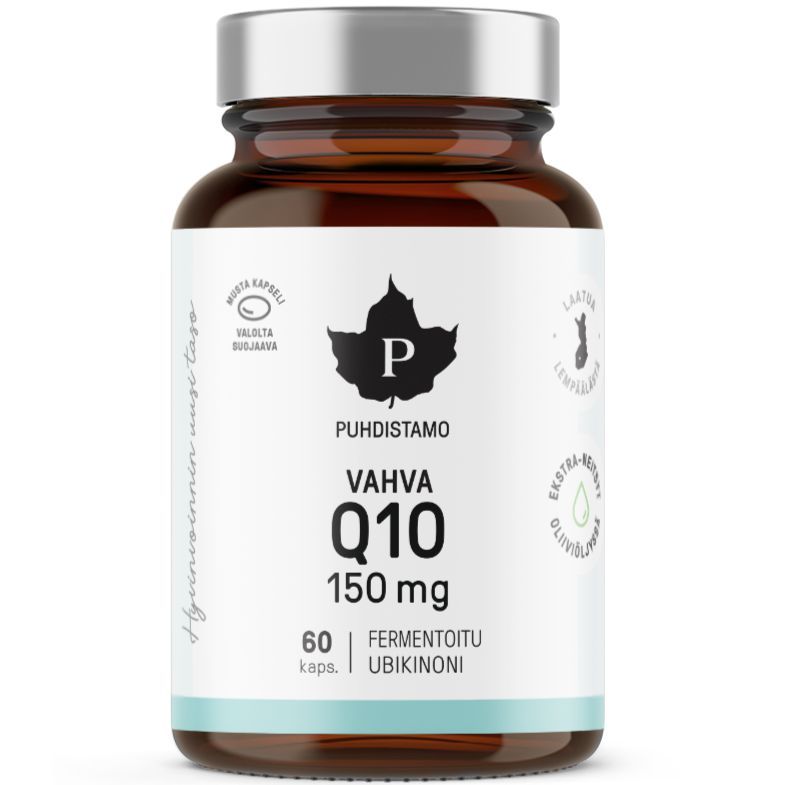 Puhdistamo Vahva Q10 Ubikinoni 150 mg; ruskea lasipullo tekstillä "Puhdistamo Vahva Q10 150 mg, 60 kaps." vaalean sinisin ja valkoisin väripintoin, mustaa tekstiä ja hopeanvärinen korkki; pullo lieriön muotoinen sileällä kiiltäväpinnalla ja hopeanvärisellä metallisella kierrekorkilla; mattapintaisessa etiketissä sans-serif-typografia, suomenkielinen teksti, sertifiointikuvakkeita ja Q10-pitoisuustiedot näkyvästi esillä; tausta valkoinen tasaisessa valaistuksessa keskitetyssä tuotekuvassa, ei ihmisiä.