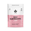 A pink and white resealable pouch stands upright, made of matte plastic. It has bold black and pink text in a modern sans-serif font, with a strawberry graphic near the bottom. The product name and key information are clearly visible on the front. The background is plain white. A pink and white pouch labeled Puhdistamo Daily Elektrolyytti -jauhe, featuring 40 servings, 200g, and delicious strawberry flavor, designed for daily use with added electrolytes.