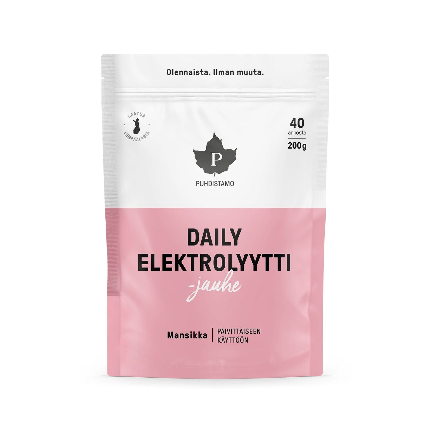 A pink and white resealable pouch stands upright, made of matte plastic. It has bold black and pink text in a modern sans-serif font, with a strawberry graphic near the bottom. The product name and key information are clearly visible on the front. The background is plain white. A pink and white pouch labeled Puhdistamo Daily Elektrolyytti -jauhe, featuring 40 servings, 200g, and delicious strawberry flavor, designed for daily use with added electrolytes.