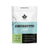 A pouch of Puhdistamo Electrolyte Powder in lemon-lime flavor, featuring a white, light blue, and black color scheme with matte finish. The flexible rectangular package has Finnish text and simple icons for vegan and sugar-free. Typography uses bold sans-serif fonts. No people or hands are present. Plain background, product centered in the frame.