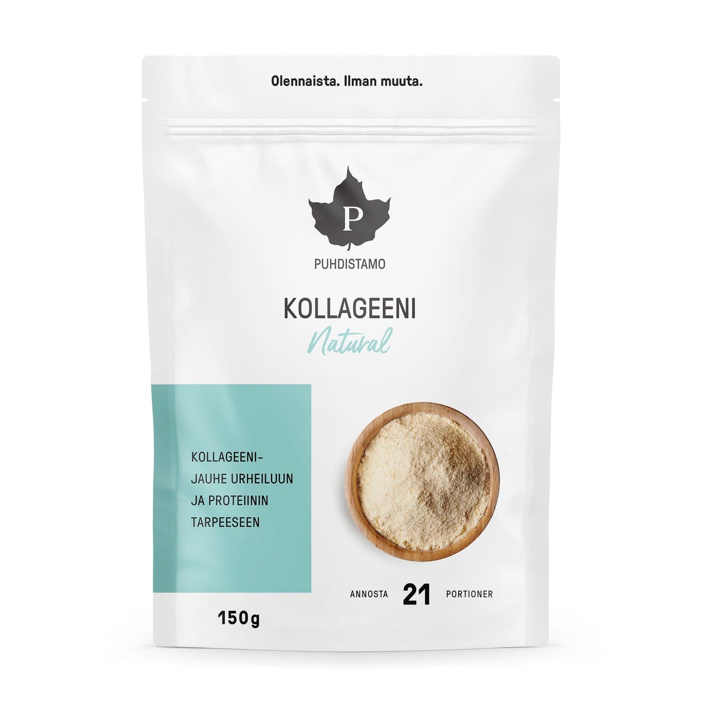 Puhdistamo Kollageeni Natural, 150 g, 21 annosta; valkoinen-vaaleansininen mattapintainen pussi, pystyssä; lihavoitua groteskitekstiä; pakkauksen etusivulla kulho vaaleaa, hienojakoista kollageenijauhetta; teksti kokonaan suomeksi; ei ihmisiä tai käsiä; neutraali tausta.