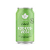 A green can labeled Puhdistamo Natural Kookosvesi, featuring leaf graphics and Finnish text highlighting its 100% natural coconut water with no additives. Matte finish, standard drink can shape, aluminum material. White modern sans-serif typography for title and product info. The photo is a close-up of the can; background is plain white with no visible people or hands.
