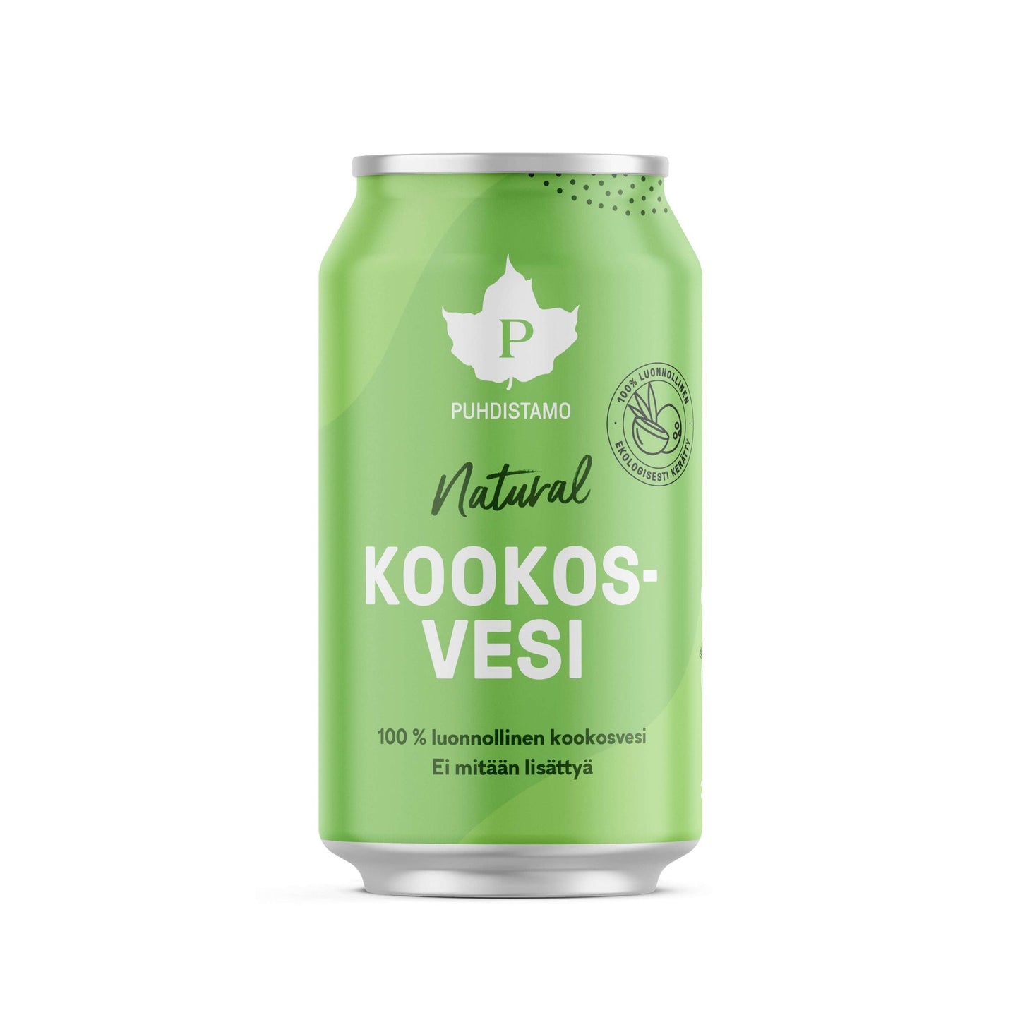 A green can labeled Puhdistamo Natural Kookosvesi, featuring leaf graphics and Finnish text highlighting its 100% natural coconut water with no additives. Matte finish, standard drink can shape, aluminum material. White modern sans-serif typography for title and product info. The photo is a close-up of the can; background is plain white with no visible people or hands.