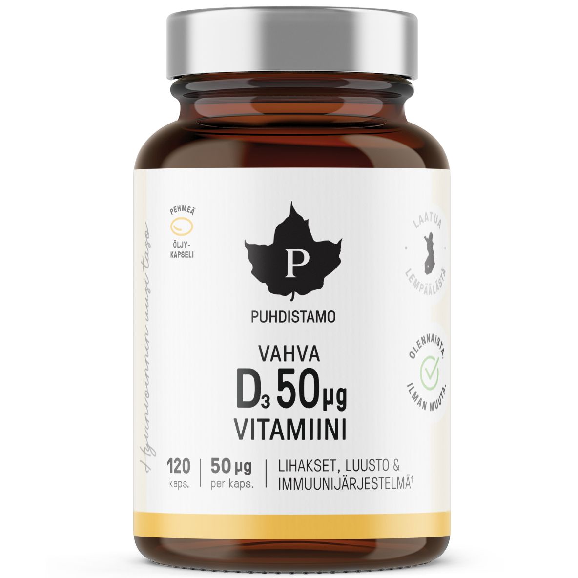 Puhdistamo Vahva D-vitamiini 50 mikrog; ruskea lasipullo tekstillä "Puhdistamo Vahva D3 50 μg Vitamiini", sisältää 120 kapselia; pullo sylinterinmuotoinen kiiltäväpintainen valkoisella etiketillä; lihavoitu musta ja kultainen suomenkielinen teksti sekä tyylitelty vaahterenlehtilogo; vaalea tausta, todennäköisesti studiovalaistus, suora edestäpäin otettu tuotekuva, ei ihmisiä kuvassa.