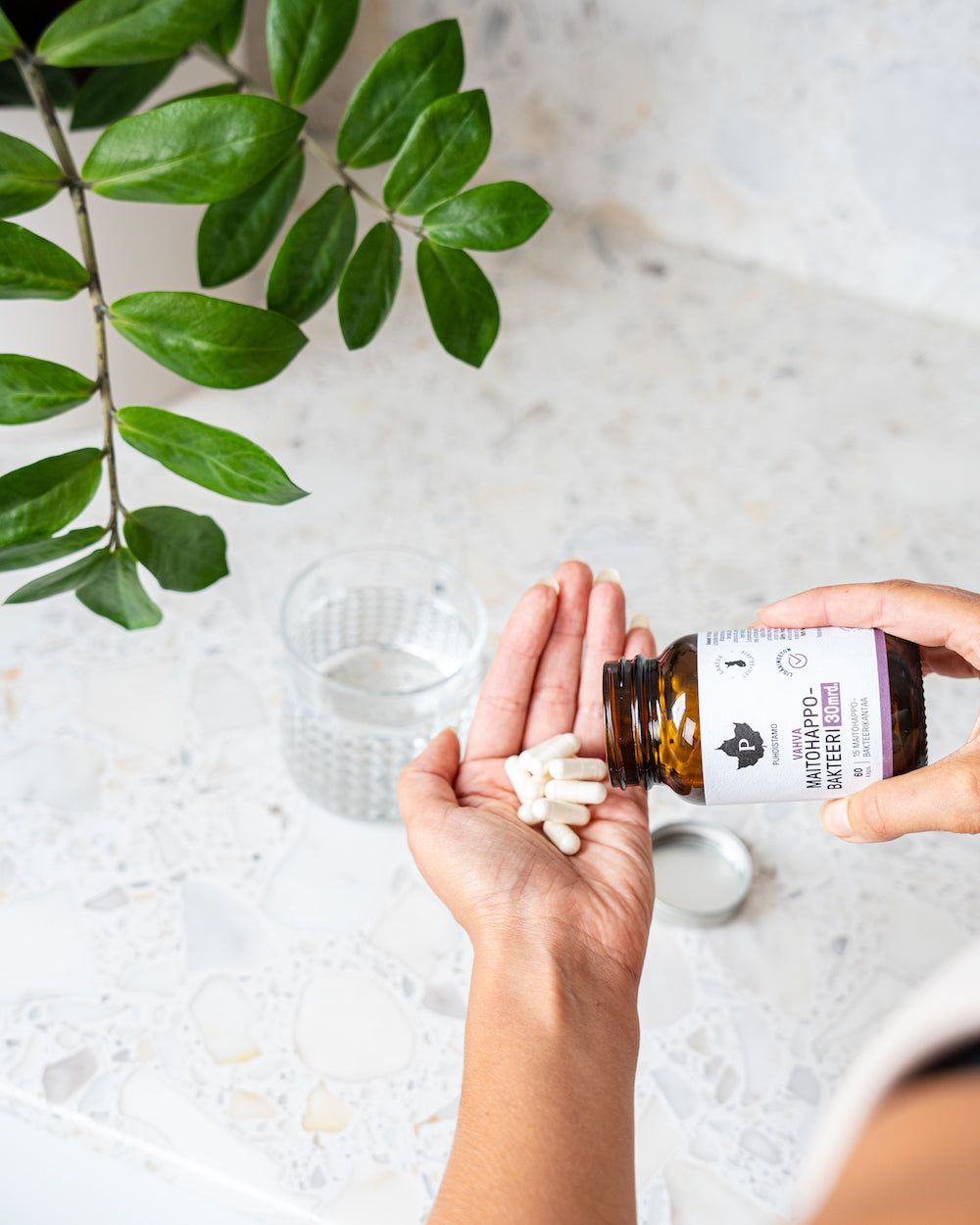 A person pours white capsules from a cylindrical white supplement bottle with a glossy label into their palm. The scene is set on a polished marble countertop. A transparent glass of water sits beside the hand, along with green leafy plant stems in the background. No branding or detailed label text is visible. The shot is composed at close range, showing only part of the person’s hands and no face. A person pours white capsules from a supplement bottle into their hand over a marble countertop, with a glass