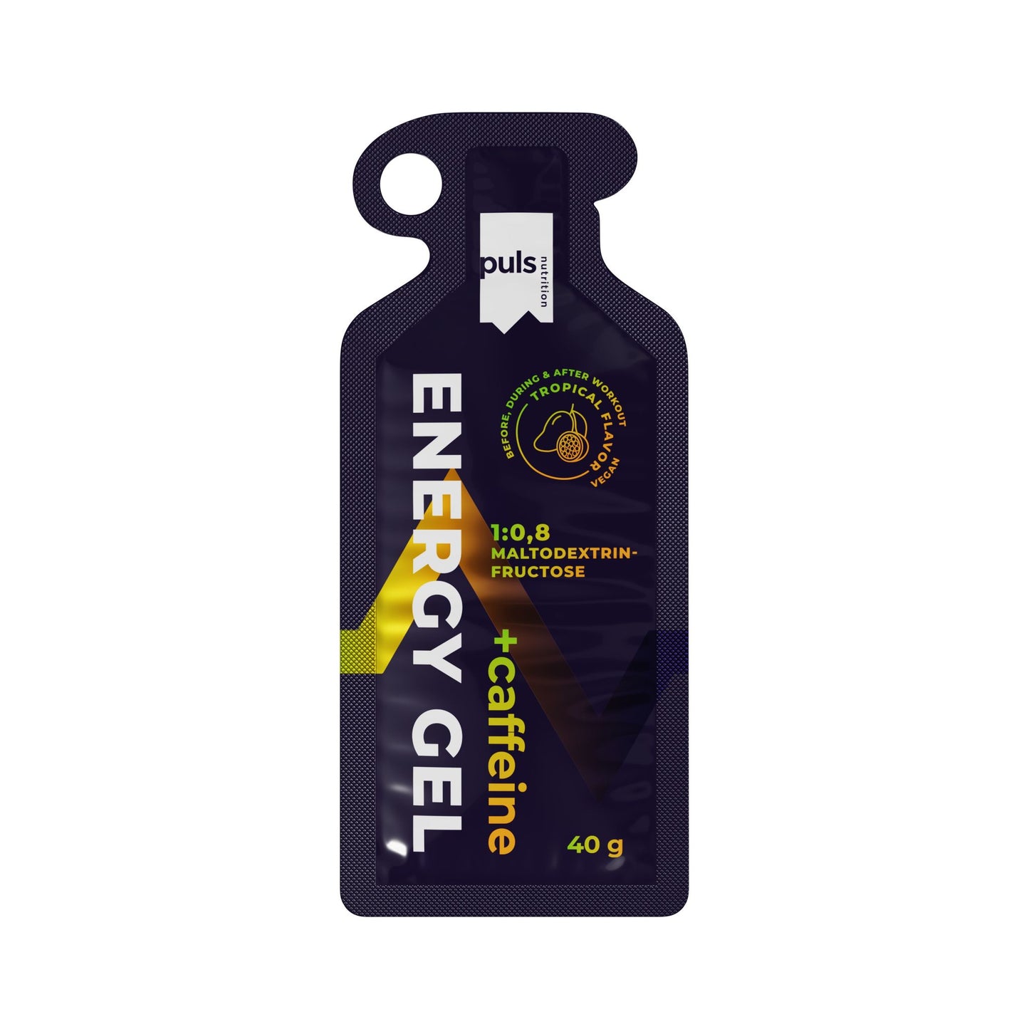 A 40g pouch of Puls Energy Gel with caffeine, featuring a 1:0.8 Maltodextrin-Fructose ratio and a refreshing Tropical Punch flavor. The dark pouch has a yellow accent and a convenient round hole at the top. The surface is matte. Product label includes bold sans-serif lettering for the brand and fine print for ingredients. Single-pack flexible packaging, no hands or people visible, plain background, product centered in frame.