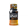A bottle labeled pre-workout shot black orange with zigzag patterns, featuring 200 mg caffeine, beta-alanine, arginine AKG, and vitamins B6 and B12. Sugar-free is indicated on the top right. The bottle has a cylindrical shape with a matte finish; label uses bold white and orange text in all caps. No people or other objects appear in the frame. White background, straight-on product shot.