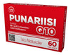 Punariisi Q10; punainen suorakaiteen muotoinen pahvirasia tekstillä ”PUNARIISI Q10 by Via Naturale”, mattapinta ja valkoista groteskitekstiä; etusivulla merkintä 60 tablettia, maininta koentsyymi Q10:stä, B6-, B12-vitamiinista ja foolihaposta sekä näkyvä QR-koodi; ei ihmisiä tai muita esineitä; tausta neutraali; rasia korostaa koentsyymi Q10:tä B6-, B12-vitamiinin ja foolihapon ohella valkoisella tekstillä ja QR-koodilla.