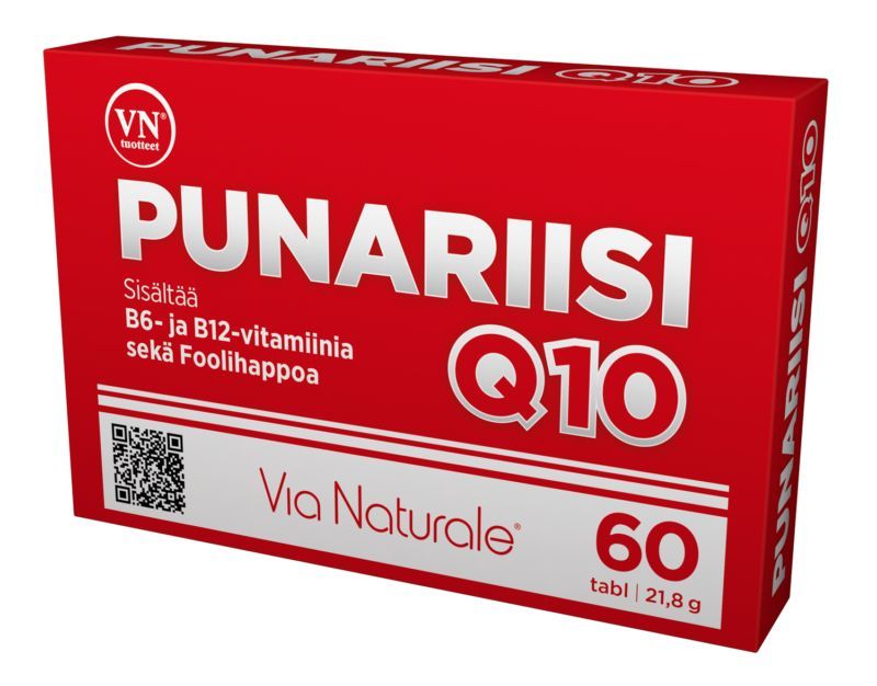 Punariisi Q10; punainen suorakaiteen muotoinen pahvirasia tekstillä ”PUNARIISI Q10 by Via Naturale”, mattapinta ja valkoista groteskitekstiä; etusivulla merkintä 60 tablettia, maininta koentsyymi Q10:stä, B6-, B12-vitamiinista ja foolihaposta sekä näkyvä QR-koodi; ei ihmisiä tai muita esineitä; tausta neutraali; rasia korostaa koentsyymi Q10:tä B6-, B12-vitamiinin ja foolihapon ohella valkoisella tekstillä ja QR-koodilla.