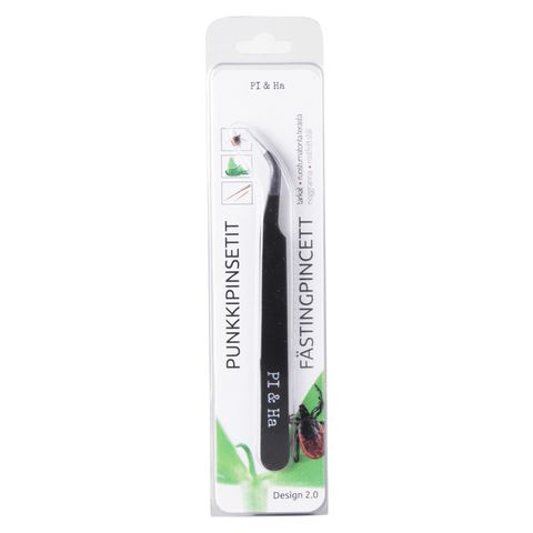 A black tick removal tweezer in clear plastic packaging labeled PUNKKIPINSETIT and FÄSTINGPINCETT, featuring tick illustrations, green accents, and designed for easy removal. The tweezer is matte black with straight edges. The printed label uses bold sans-serif capital letters in white. Tick drawings are placed near the text. Background is plain white; no people or actions visible. Shot is a front-facing product photo.