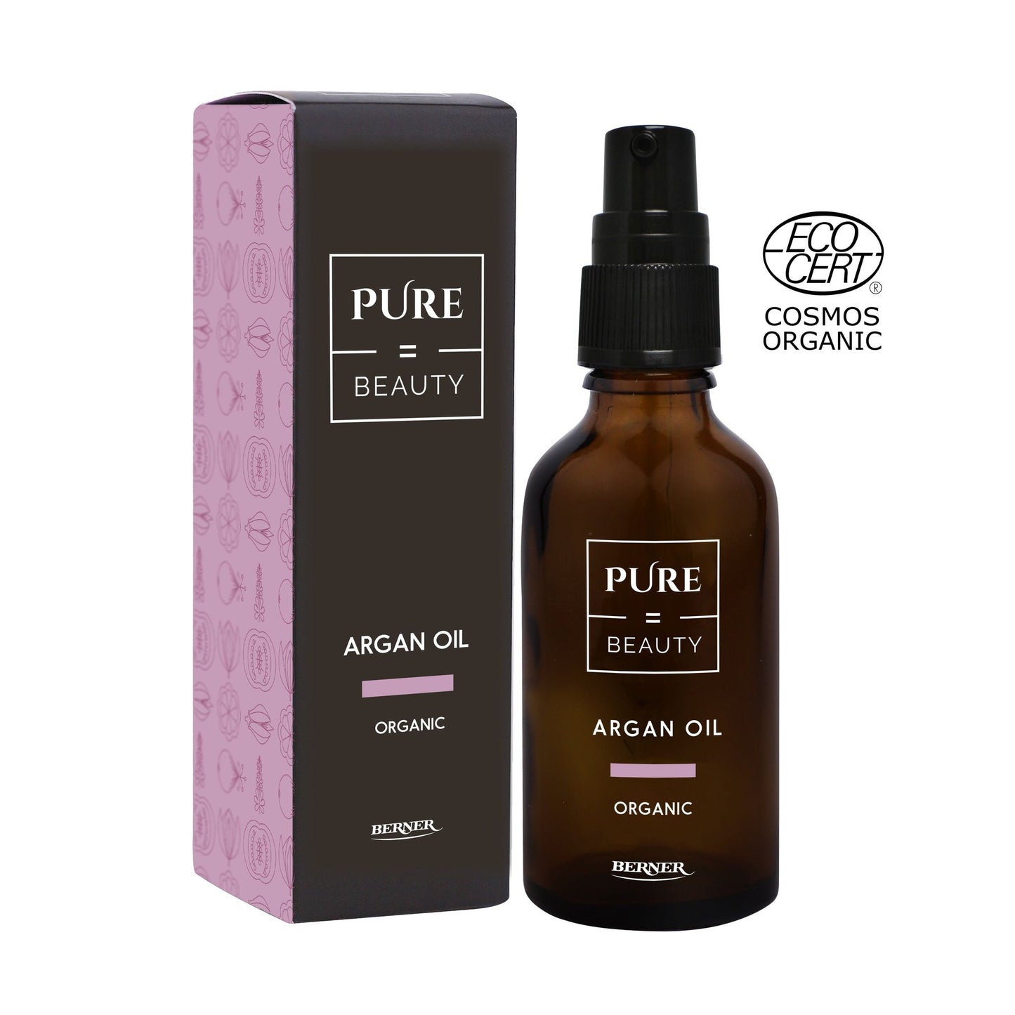Brown bottle labeled PURE = BEAUTY Argan Oil Organic with a matching pink rectangular box; both have matte surfaces. Typography on the label is bold, sans-serif, with white and gold text on the bottle. The ECOCERT Cosmos Organic logo and organic certification symbols are visible to the right of the bottle. Plain light background, no people or hands present. Product is centered in a straightforward studio shot.