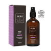 Brown spray bottle labeled PURE=BEAUTY Berry Mist with a box beside it. Both items have matte surfaces and rectangular shapes. Label text lists blueberry and willow as ingredients. ECOCERT Cosmos Natural certification logo appears on the right side. Flat lay photo, plain background, no people visible.