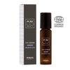 Brown bottle and box of PURE Beauty Eye Serum with hyaluronic acid by Berner, featuring an ECOCERT Cosmos Organic certification logo on a white background and highlighting its organic formulation. The bottle has a matte brown finish and cylindrical shape, while the box is rectangular with clean typography; both display product name, key ingredient, brand, certification badge. No people or hands present.
