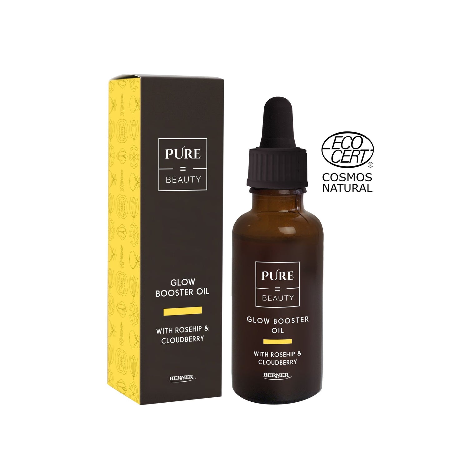 Brown glass dropper bottle labeled Pure Beauty Glow Booster Oil with box beside it. Text highlights rosehip and cloudberry. ECOCERT Cosmos Natural logo is displayed. Box features a yellow and black design. The bottle and box are upright on a plain surface, photographed against a simple background, with clear sans-serif font on the label and packaging.