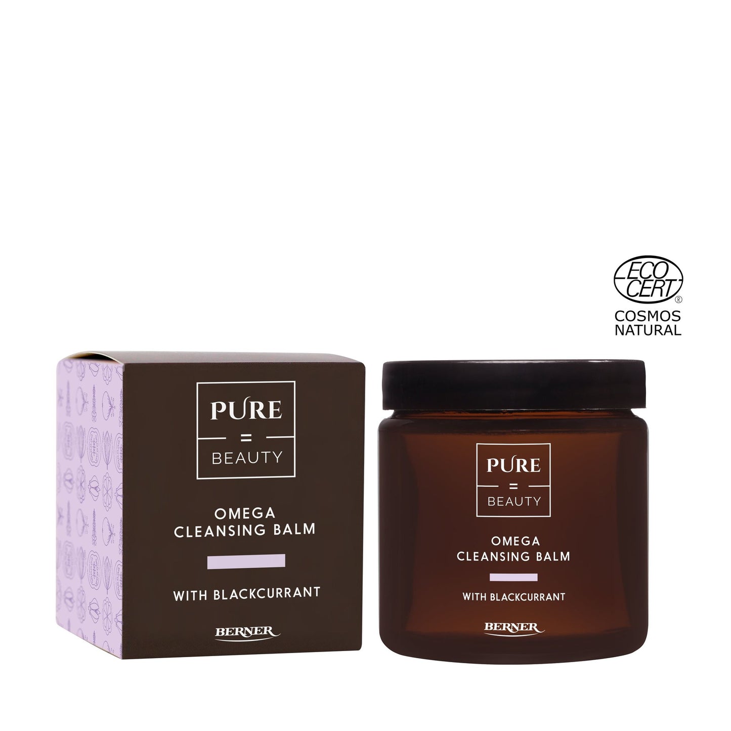A brown jar of Pure Beauty Omega Cleansing Balm with Blackcurrant sits next to its box. The jar is cylindrical with a matte finish and a screw-on lid. Both the jar and rectangular box have printed labels featuring white sans-serif type. An Ecocert Cosmos Natural logo is visible in the upper right corner of the image. No people or hands are present. Neutral background, product centered.