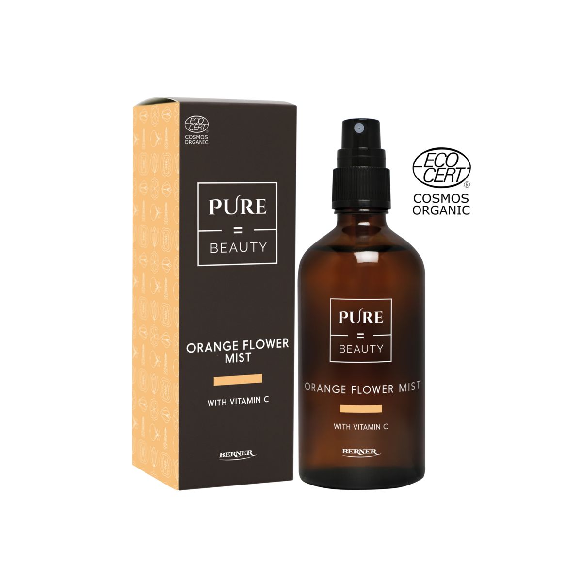 A brown plastic spray bottle labeled “Pure=Beauty Orange Flower Mist with vitamin C” is placed upright next to its rectangular cardboard box. Both items have white and gold accents and a matte finish. The label uses modern sans-serif typography, mostly white text on dark backgrounds. The EcoCert Cosmos Organic certification logo is clearly visible near the products. Neutral background, simple studio product shot. No people or objects other than what’s described are present.
