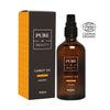 A brown spray bottle with a matte finish labeled Pure = Beauty Carrot Oil Organic is positioned next to a rectangular, matching box. Both feature the ECOCERT COSMOS ORGANIC certification logo in the top right corner. The label uses sans-serif typography. The items are photographed against a plain background and are unopened. A brown spray bottle labeled Pure = Beauty Carrot Oil Organic stands next to its matching box, featuring the ECOCERT COSMOS ORGANIC certification logo in the top right corner. The