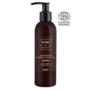 A dark brown bottle of Pure Beauty Nourishing Shower & Bath Oil with a pump dispenser. The label is white with bold sans-serif typography and lists vitamin E, hemp seed oil, ECOCERT, and Cosmos Organic logos at the top right. The glossy plastic bottle is cylindrical. No people or hands are present. The background is plain and uncluttered.