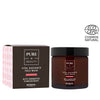Pure=Beauty Vital Radiance Face Mask, ruskea purkki fermentoidulla granaattiomenalla pakkauksensa vieressä; sekä purkissa että pakkauksessa valkoiset etiketit mustin ja punaisin groteskitekstein; pakkauksen pinta vaikuttaa mattapintaiselta; ECOCERT Cosmos Natural -sertifikaattilogo oikeassa yläkulmassa; tausta neutraali, ei ihmisiä eikä käsiä näkyvissä.