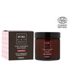 A brown jar of Pure Beauty Vital Radiance Face Mask with fermented pomegranate is next to its box. Both jar and box have white labels with black and red sans-serif text. The surface finish appears matte on the packaging. The ECOCERT Cosmos Natural certification logo is in the top right corner. The background is neutral, and no people or hands are visible in the image.