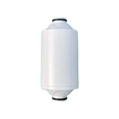 A white cylindrical water filter cartridge with black caps on both ends is shown vertically against a plain light gray background, highlighting its effective filtration design. The cartridge has a smooth, matte surface and lacks any visible branding or text. There are no people, hands, packaging, or additional objects in the frame. The shot is centered with even lighting.