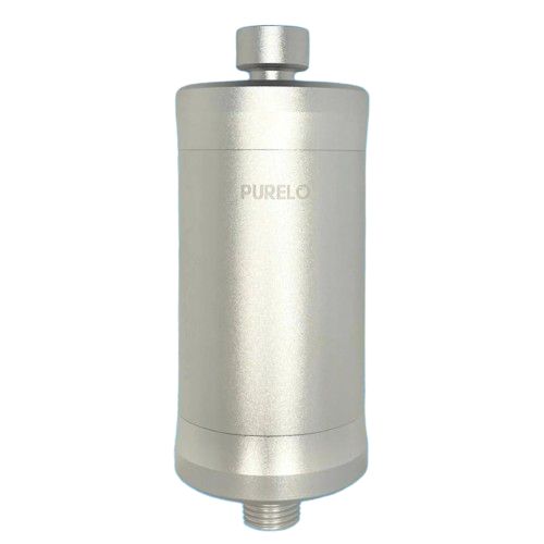 A silver cylindrical water filter with a metallic finish and visible threaded connectors on both the top and bottom. The body displays the label text “PURELO” in clear, bold Latin letters. No packaging is present. The background is plain and light-colored. The product is photographed alone with no people or hands in frame, shot from a direct angle.